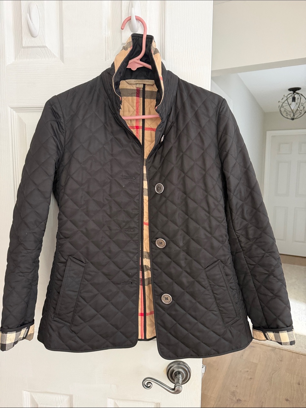 Burberry Black Quilted Utility Jacket with Beige Check Trim